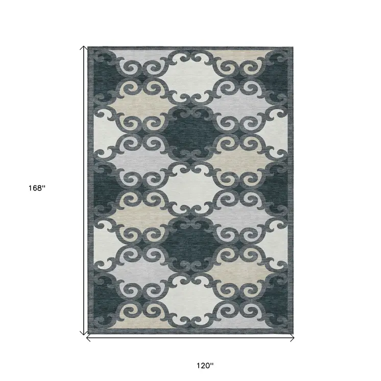 10' X 14' Gray And Ivory Trellis Washable Indoor Outdoor Area Rug