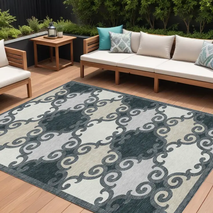 10' X 14' Gray And Ivory Trellis Washable Indoor Outdoor Area Rug