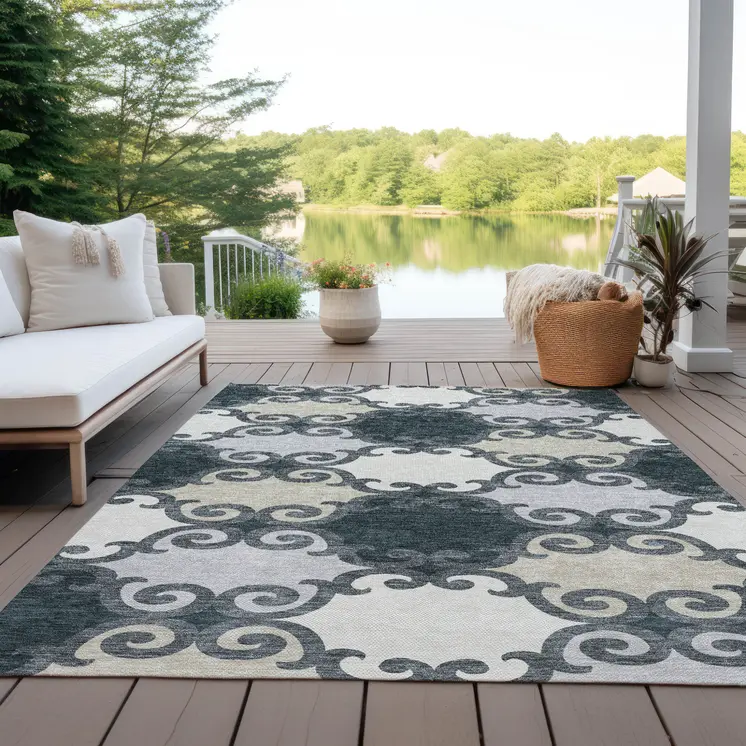 10' X 14' Gray And Ivory Trellis Washable Indoor Outdoor Area Rug