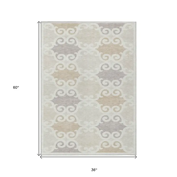 3' X 5' Ivory And Beige Trellis Washable Indoor Outdoor Area Rug
