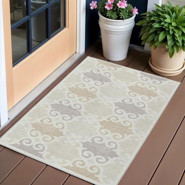 3' X 5' Ivory And Beige Trellis Washable Indoor Outdoor Area Rug