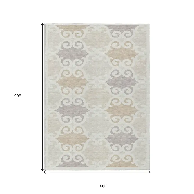 5' X 8' Ivory And Beige Trellis Washable Indoor Outdoor Area Rug