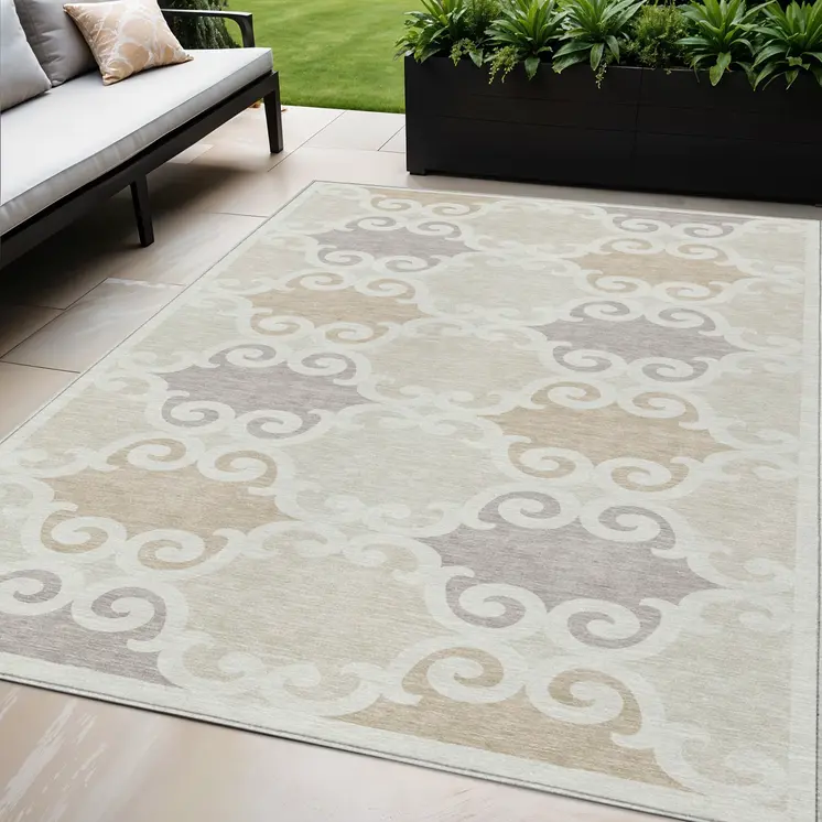 5' X 8' Ivory And Beige Trellis Washable Indoor Outdoor Area Rug