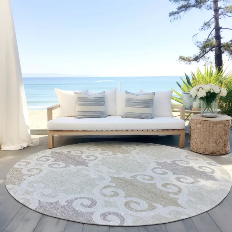 8' Ivory And Beige Round Trellis Washable Indoor Outdoor Area Rug