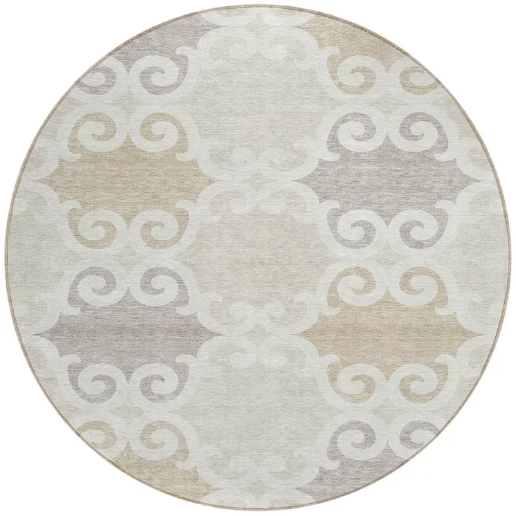 8' Ivory And Beige Round Trellis Washable Indoor Outdoor Area Rug