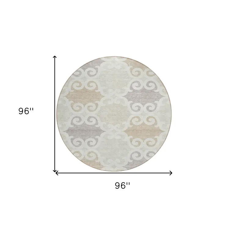 8' Ivory And Beige Round Trellis Washable Indoor Outdoor Area Rug