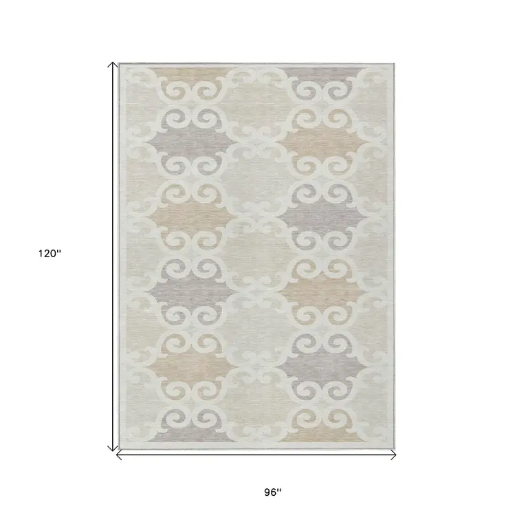 8' X 10' Ivory And Beige Trellis Washable Indoor Outdoor Area Rug