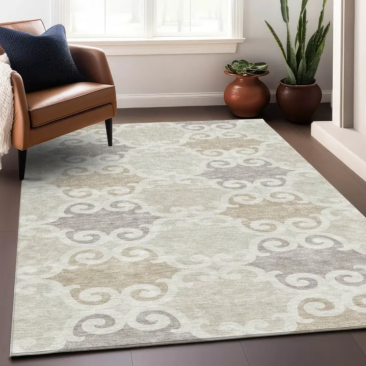 8' X 10' Ivory And Beige Trellis Washable Indoor Outdoor Area Rug