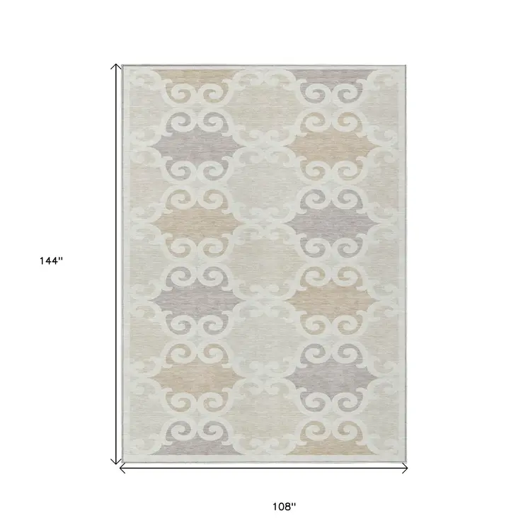 9' X 12' Ivory And Beige Trellis Washable Indoor Outdoor Area Rug