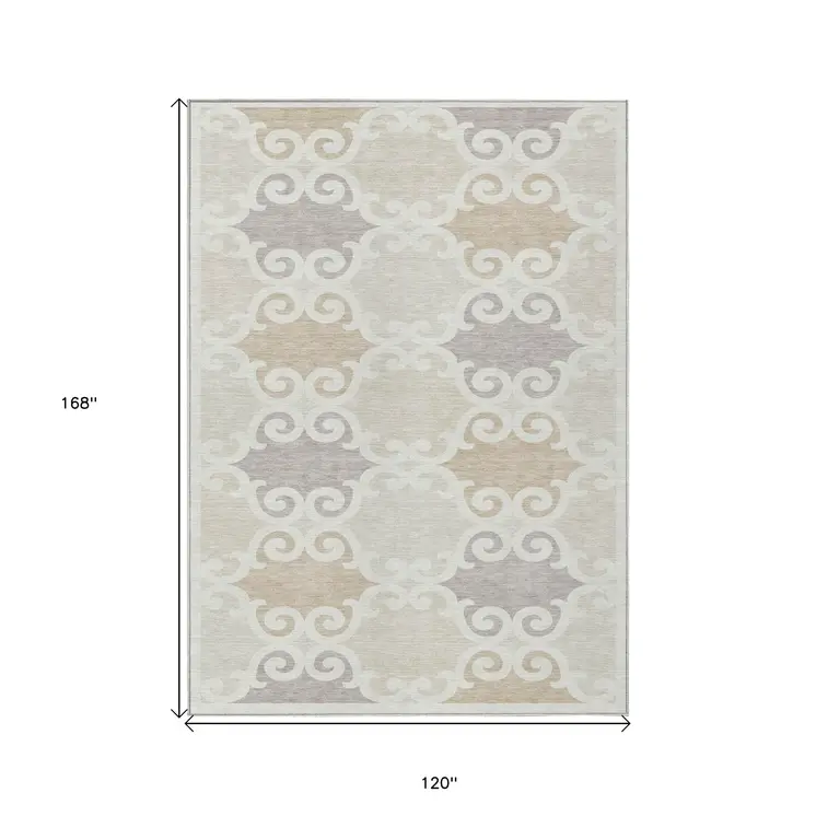 10' X 14' Ivory And Beige Trellis Washable Indoor Outdoor Area Rug