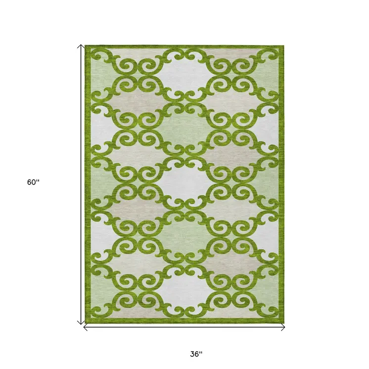 3' X 5' Lime Green And Ivory Trellis Washable Indoor Outdoor Area Rug