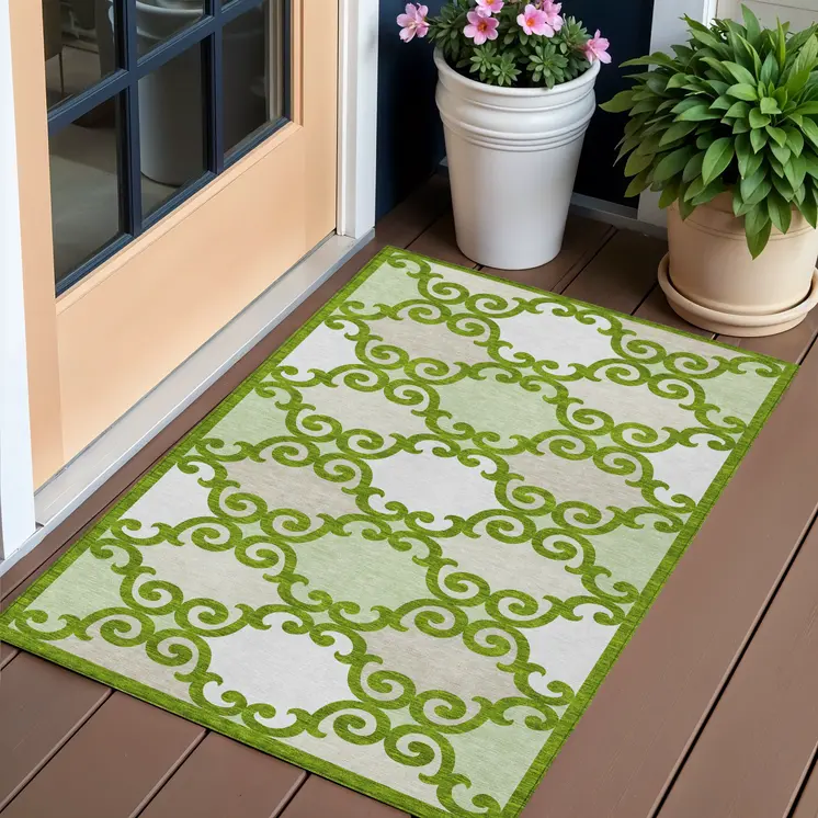 3' X 5' Lime Green And Ivory Trellis Washable Indoor Outdoor Area Rug