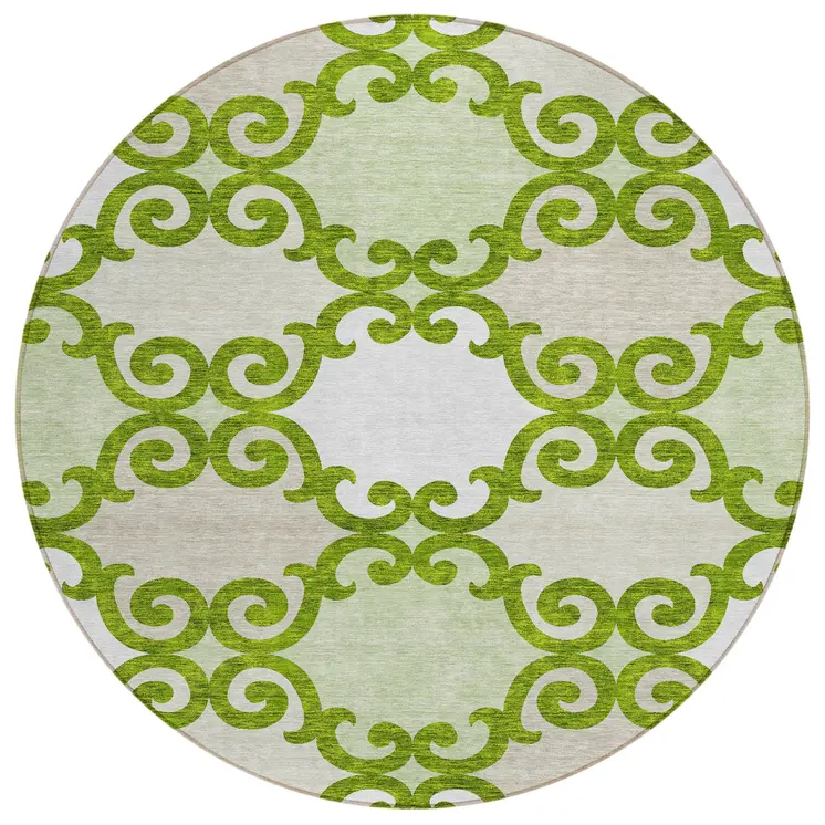 8' Lime Green And Ivory Round Trellis Washable Indoor Outdoor Area Rug