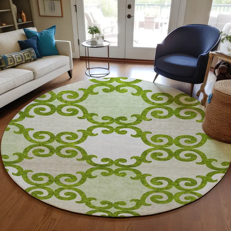8' Lime Green And Ivory Round Trellis Washable Indoor Outdoor Area Rug