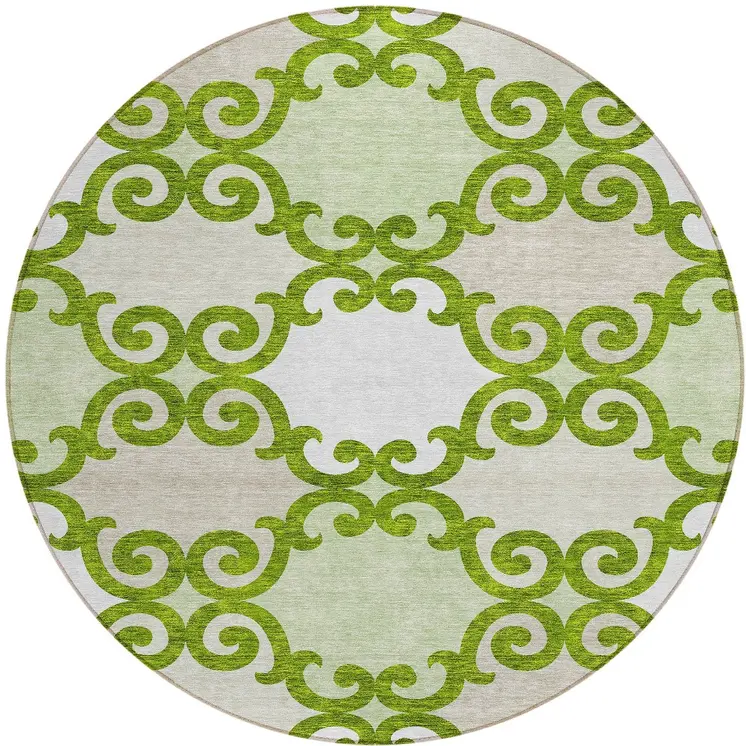 8' Lime Green And Ivory Round Trellis Washable Indoor Outdoor Area Rug