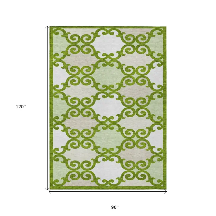 8' X 10' Lime Green And Ivory Trellis Washable Indoor Outdoor Area Rug