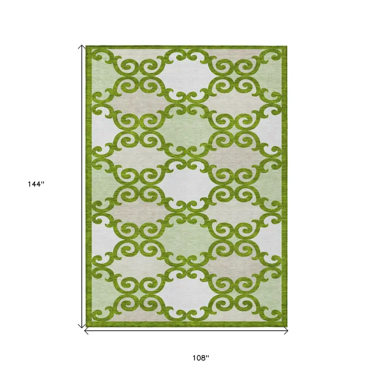 9' X 12' Lime Green And Ivory Trellis Washable Indoor Outdoor Area Rug