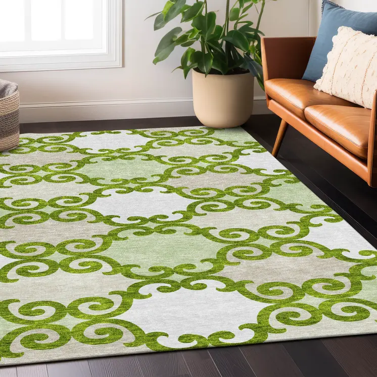 9' X 12' Lime Green And Ivory Trellis Washable Indoor Outdoor Area Rug