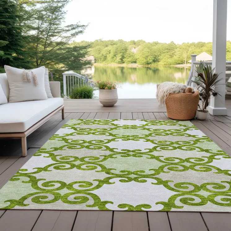 10' X 14' Lime Green And Ivory Trellis Washable Indoor Outdoor Area Rug