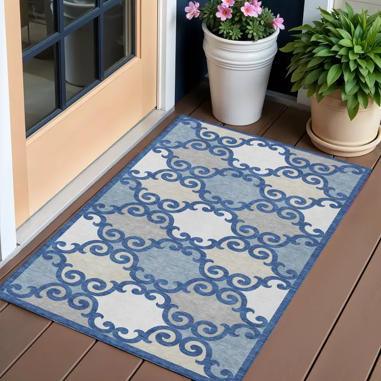 3' X 5' Navy Blue Gray And Ivory Trellis Washable Indoor Outdoor Area Rug