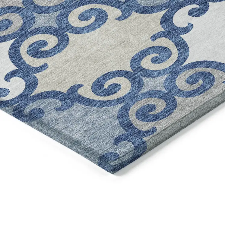 3' X 5' Navy Blue Gray And Ivory Trellis Washable Indoor Outdoor Area Rug
