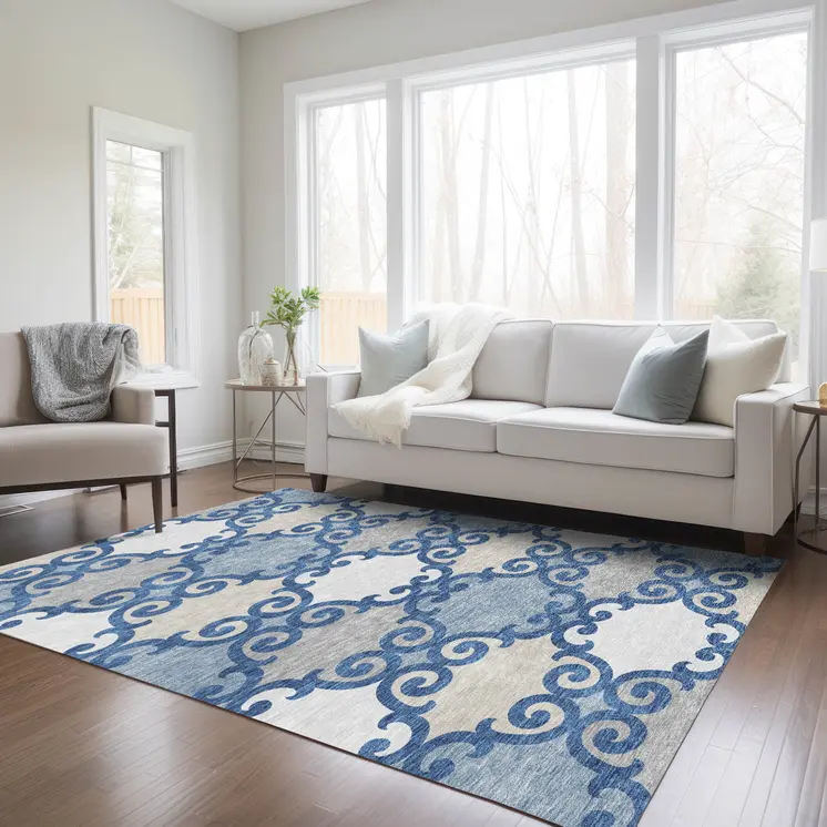 3' X 5' Navy Blue Gray And Ivory Trellis Washable Indoor Outdoor Area Rug