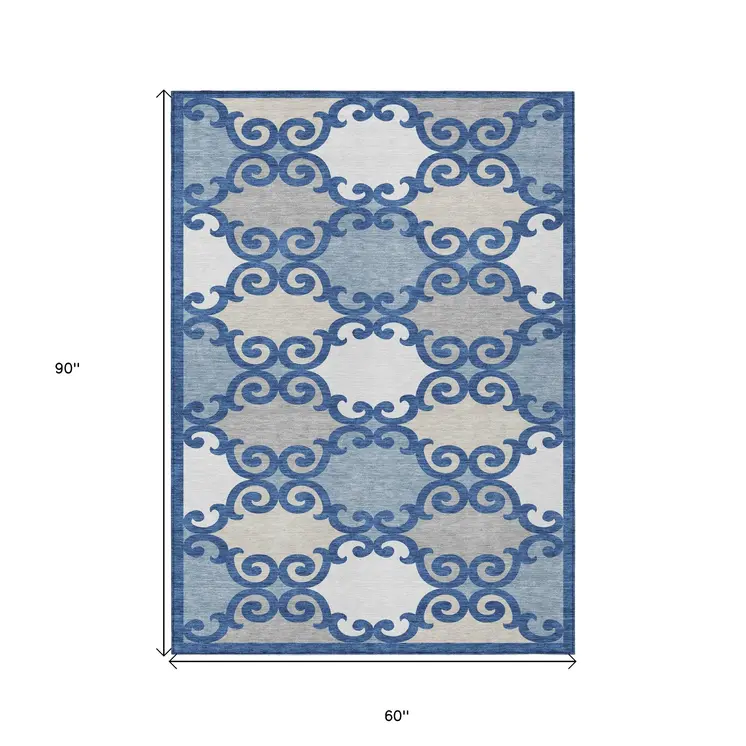 5' X 8' Navy Blue Gray And Ivory Trellis Washable Indoor Outdoor Area Rug