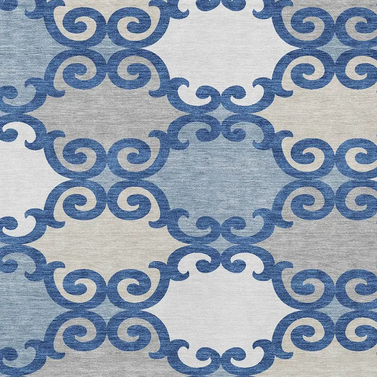 5' X 8' Navy Blue Gray And Ivory Trellis Washable Indoor Outdoor Area Rug