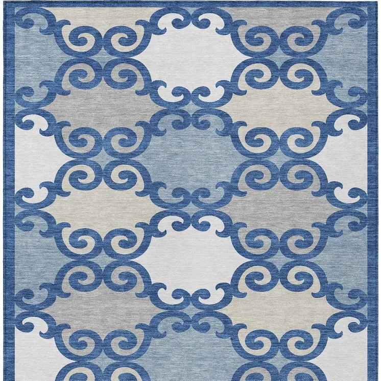 5' X 8' Navy Blue Gray And Ivory Trellis Washable Indoor Outdoor Area Rug