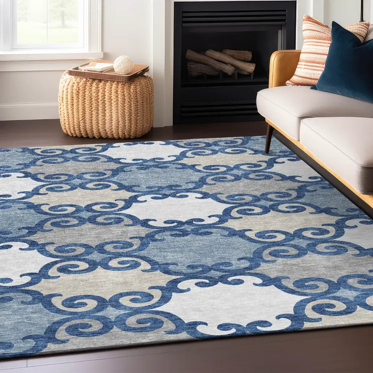 5' X 8' Navy Blue Gray And Ivory Trellis Washable Indoor Outdoor Area Rug