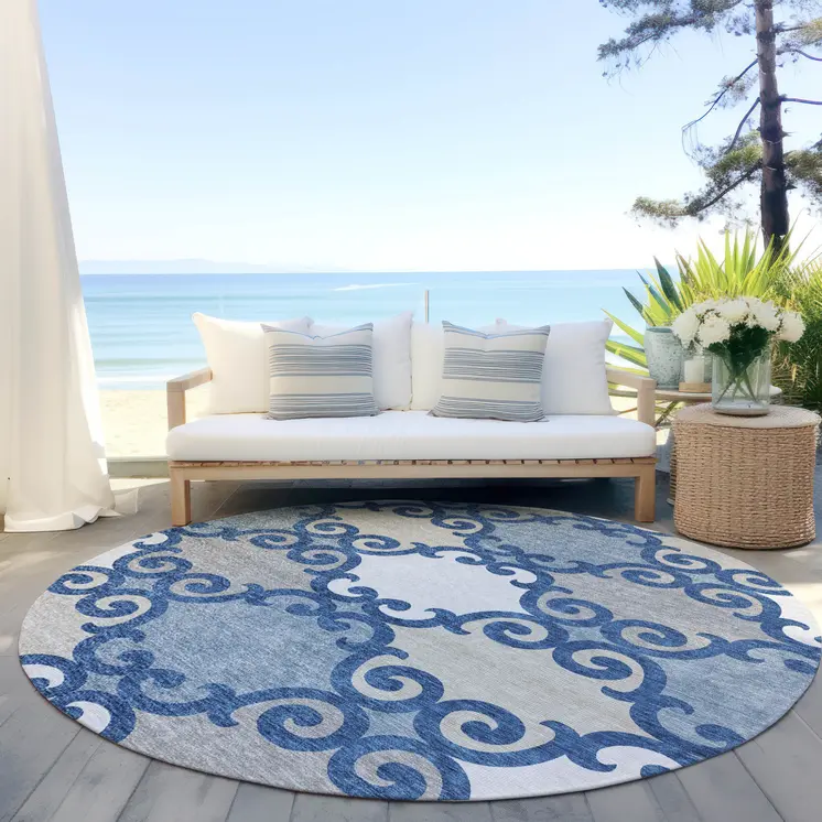 8' Navy Blue Gray And Ivory Round Trellis Washable Indoor Outdoor Area Rug