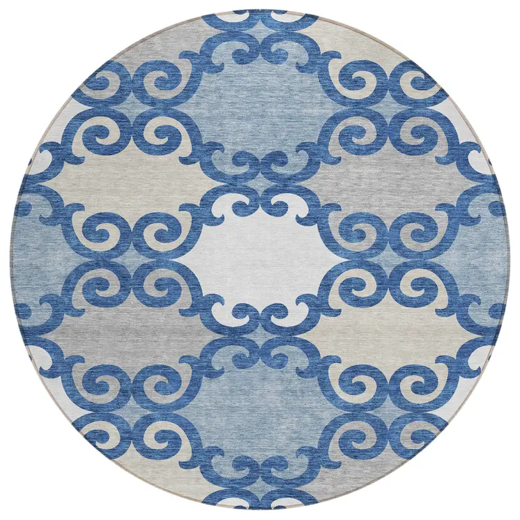 8' Navy Blue Gray And Ivory Round Trellis Washable Indoor Outdoor Area Rug