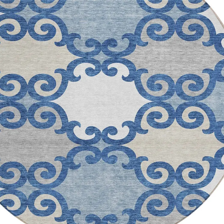 8' Navy Blue Gray And Ivory Round Trellis Washable Indoor Outdoor Area Rug