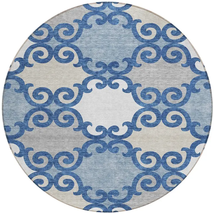 8' Navy Blue Gray And Ivory Round Trellis Washable Indoor Outdoor Area Rug