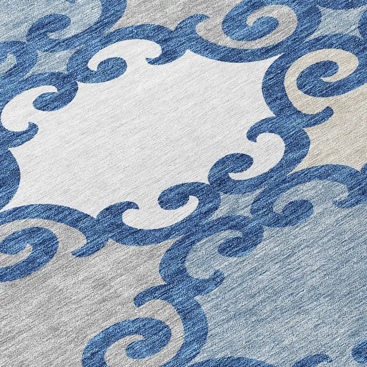 8' Navy Blue Gray And Ivory Round Trellis Washable Indoor Outdoor Area Rug