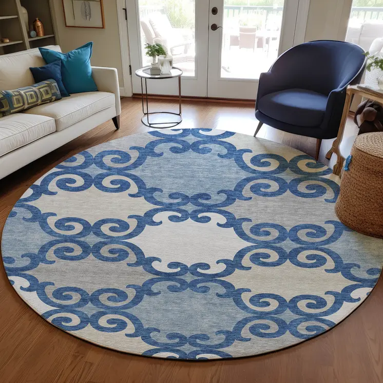 8' Navy Blue Gray And Ivory Round Trellis Washable Indoor Outdoor Area Rug