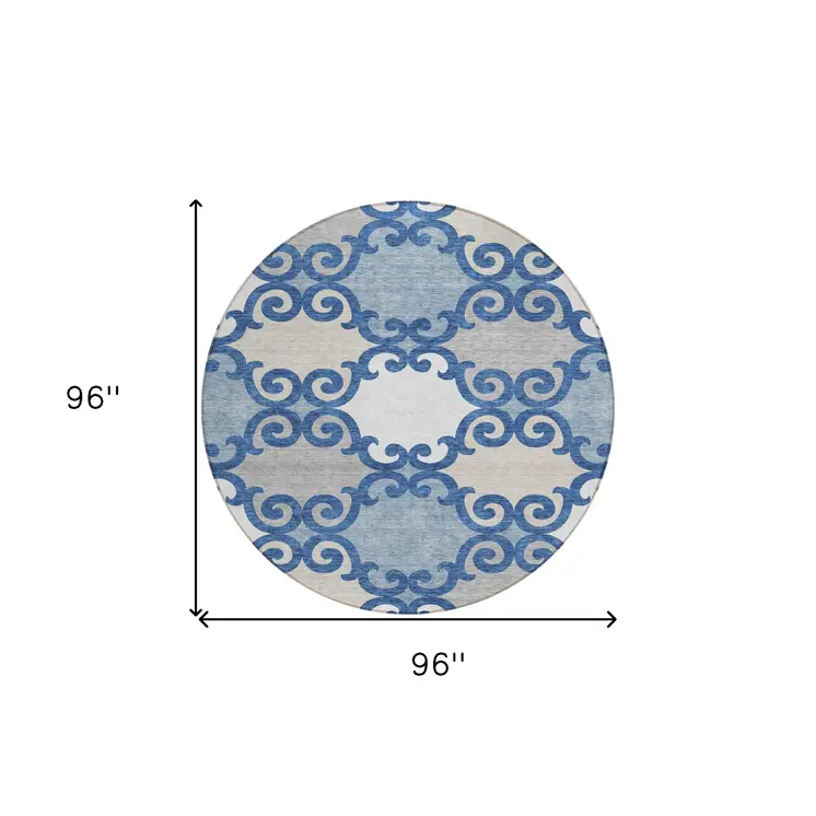 8' Navy Blue Gray And Ivory Round Trellis Washable Indoor Outdoor Area Rug