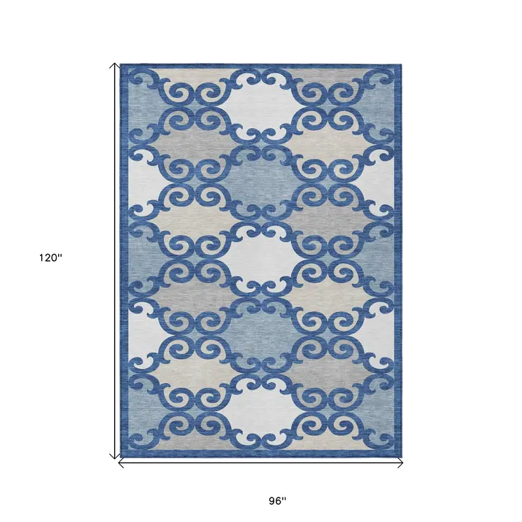 8' X 10' Navy Blue Gray And Ivory Trellis Washable Indoor Outdoor Area Rug