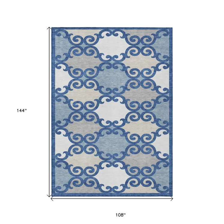 9' X 12' Navy Blue Gray And Ivory Trellis Washable Indoor Outdoor Area Rug