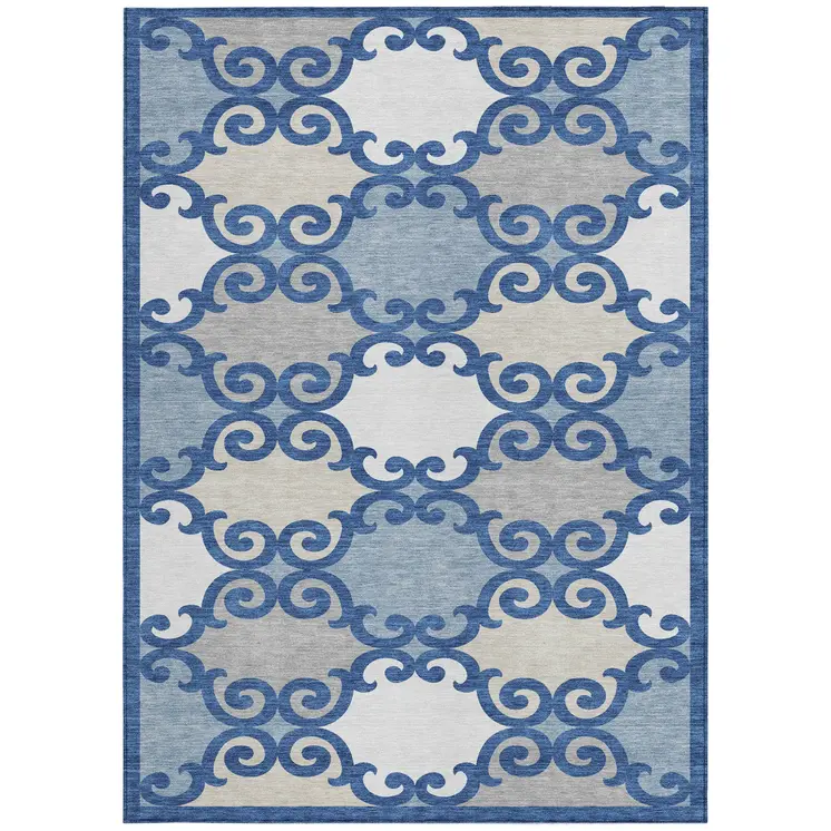10' X 14' Navy Blue Gray And Ivory Trellis Washable Indoor Outdoor Area Rug