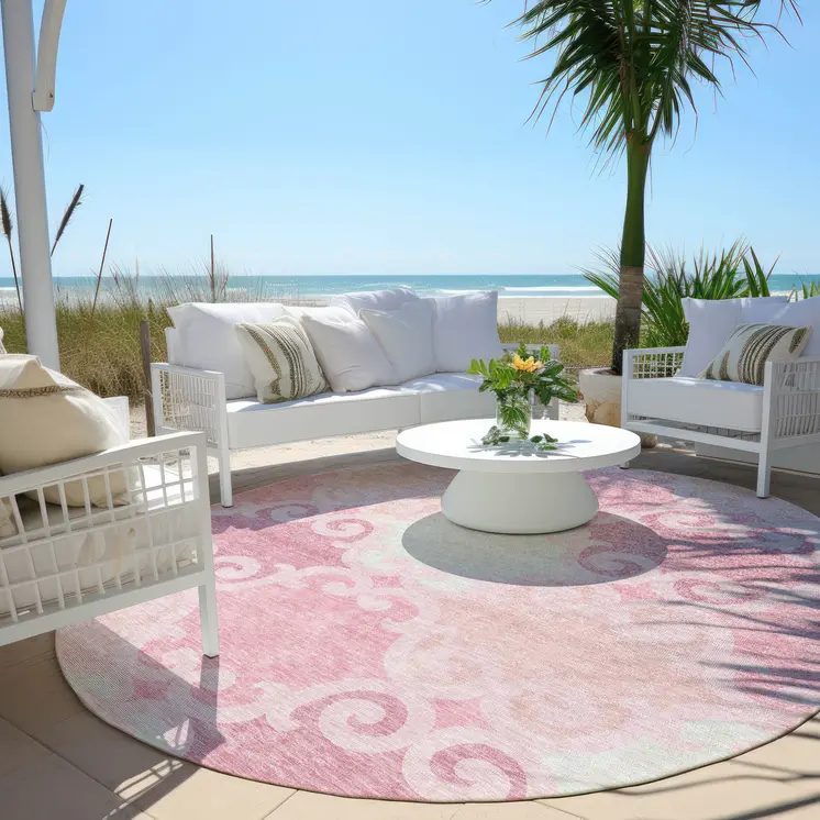 8' Pink And Gray Round Trellis Washable Indoor Outdoor Area Rug