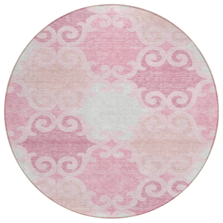 8' Pink And Gray Round Trellis Washable Indoor Outdoor Area Rug