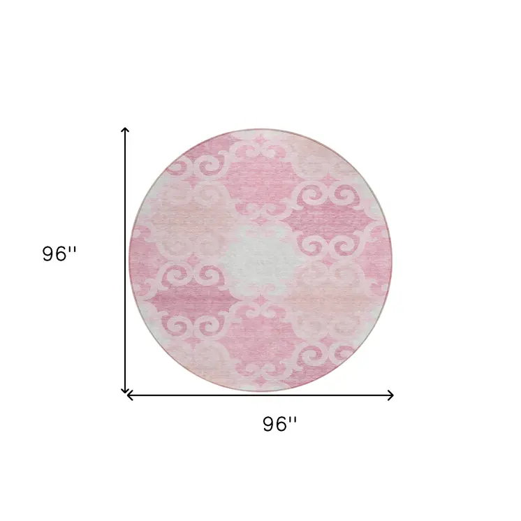 8' Pink And Gray Round Trellis Washable Indoor Outdoor Area Rug