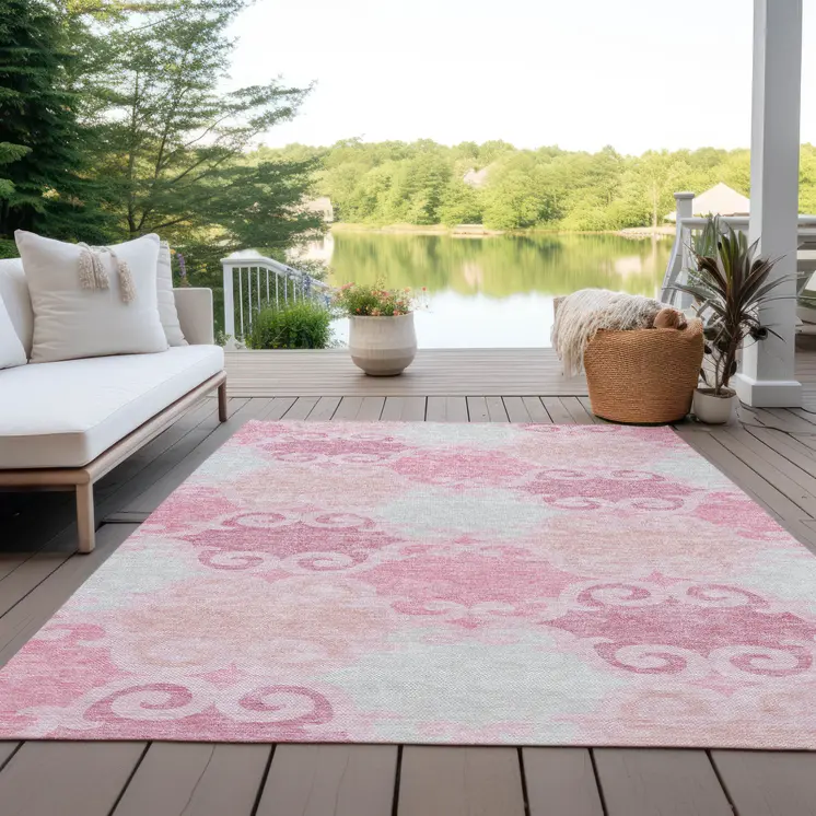 8' X 10' Pink And Gray Trellis Washable Indoor Outdoor Area Rug