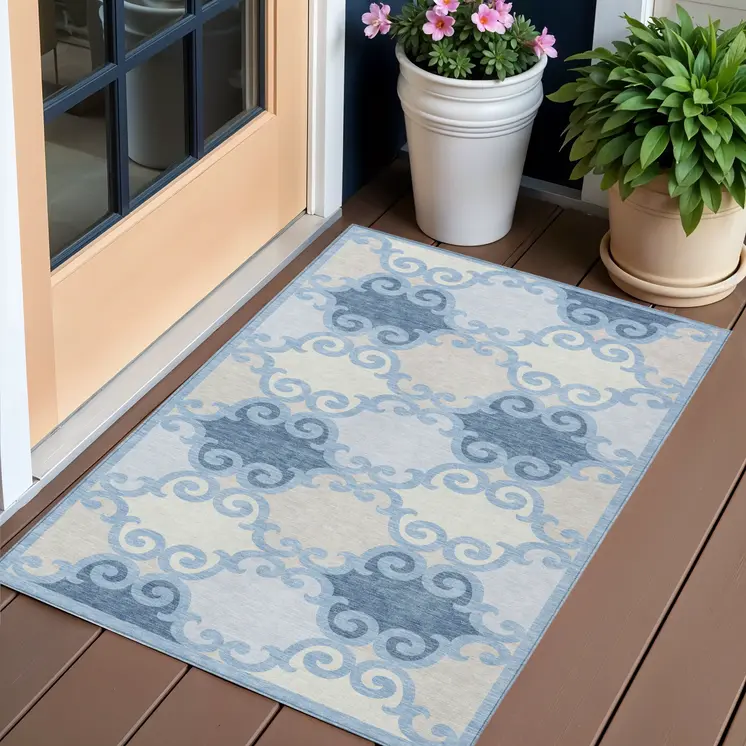 3' X 5' Sky Blue Gray And Ivory Trellis Washable Indoor Outdoor Area Rug