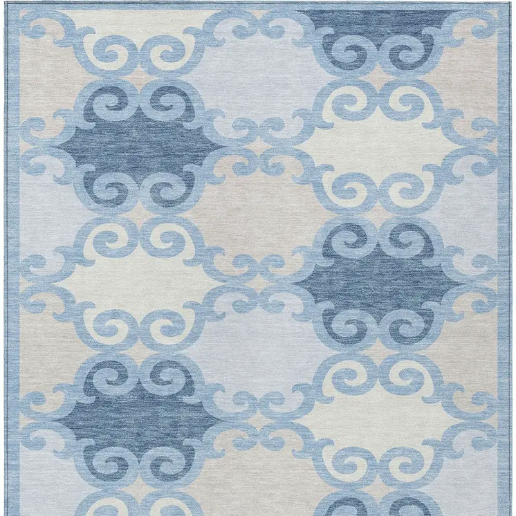 5' X 8' Sky Blue Gray And Ivory Trellis Washable Indoor Outdoor Area Rug