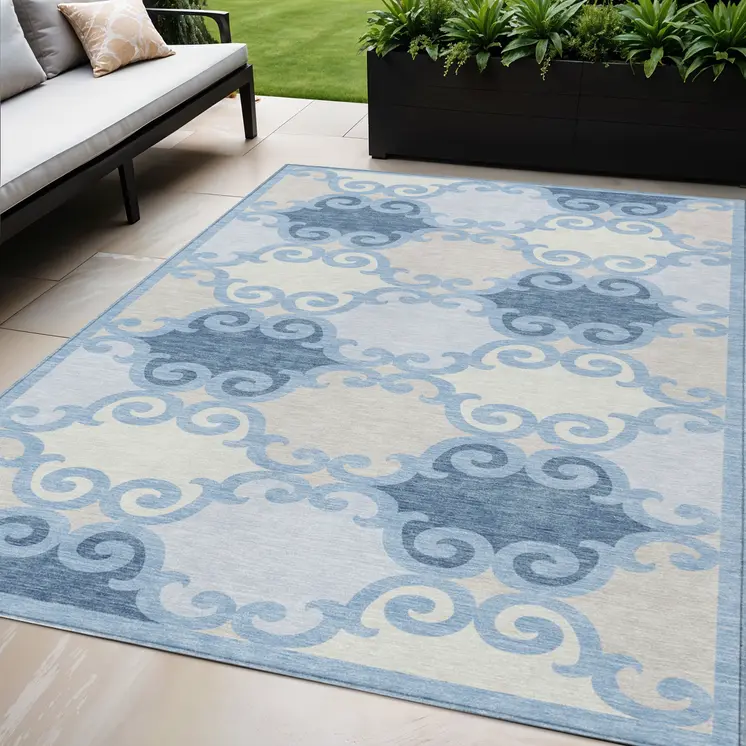 5' X 8' Sky Blue Gray And Ivory Trellis Washable Indoor Outdoor Area Rug