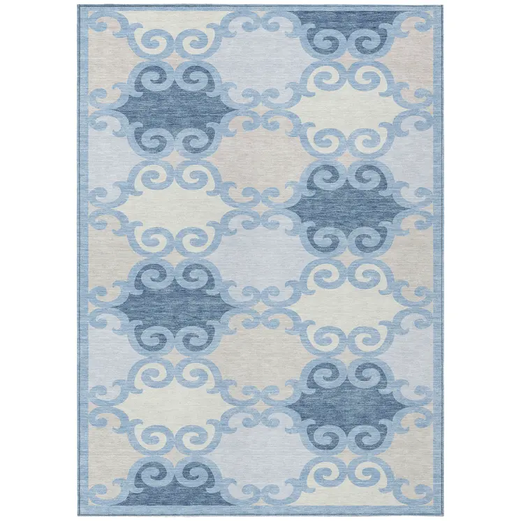 5' X 8' Sky Blue Gray And Ivory Trellis Washable Indoor Outdoor Area Rug