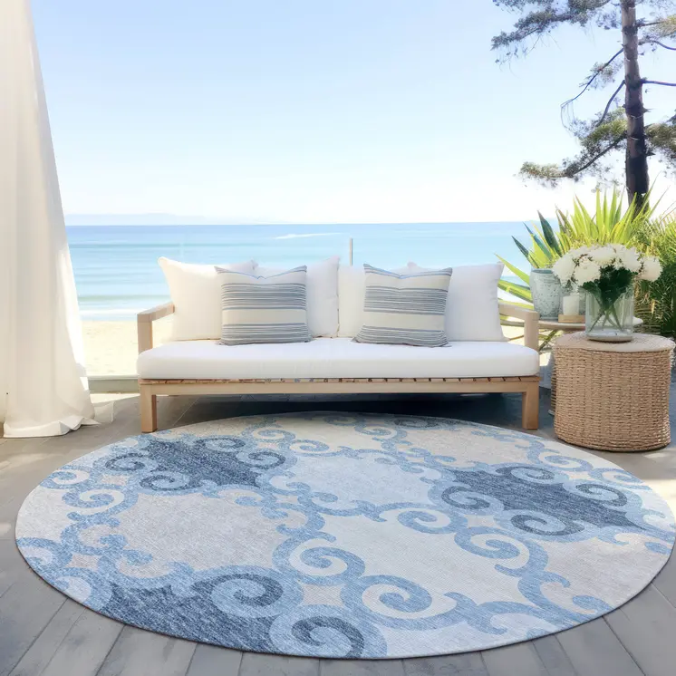 8' Sky Blue Gray And Ivory Round Trellis Washable Indoor Outdoor Area Rug