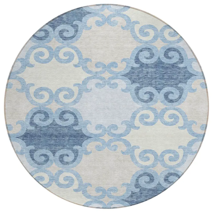 8' Sky Blue Gray And Ivory Round Trellis Washable Indoor Outdoor Area Rug